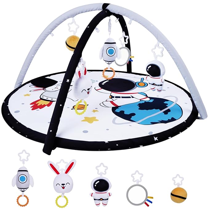 Lovvie & Joy Baby Play Activity Gym Tummy Time Mat for Newborn Infant,Baby Gyms & Playmats for Babies 0-6 9 12 Months with 5 Toys for Early Sensory Exploration and Motor Skill Development Space