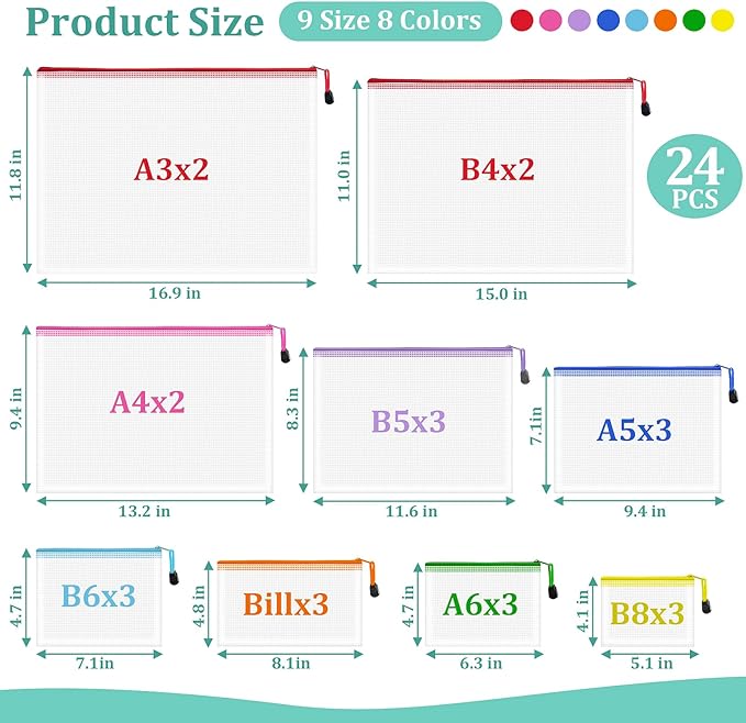 VVCOIIROEI 24pcs Mesh Waterproof Pouch Bags, 9 Sizes Clear Pouches, Organizer Bags With Zipper, 8 Colors for Travel & Toy Storage