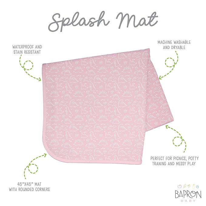 BapronBaby Dino Friends Blush Splash Mat - Waterproof Catch-All for Under High Chairs, Floors, Tables, Playtime or Arts & Crafts - Machine Washable - 45" x 45”