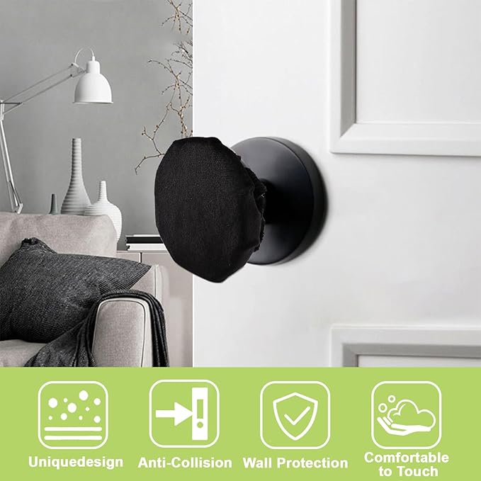 Door Handle Covers, 4Pcs Black Decorative Round Door Knob Covers Soft Door Handle Glove Anti-Static Safety Door Knob Protector with Clear Anti-Collision Adhesive Strip