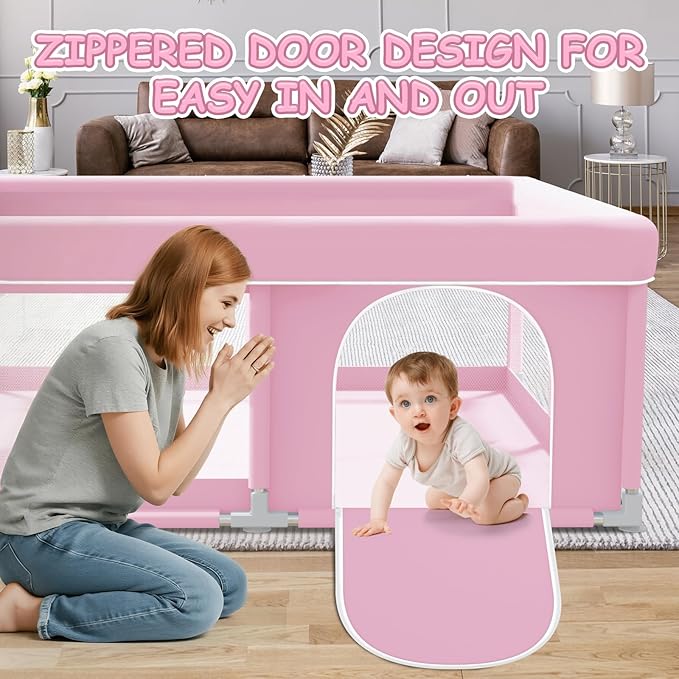 Baby Playpen 50 x 50 Inch Play Pen Playards, Playpen for Babies and Toddlers, Baby Playard for Indoor & Outdoor Active Center Game Fence, with Skin-Friendly Fabric and Soft Breathable Mesh Pink