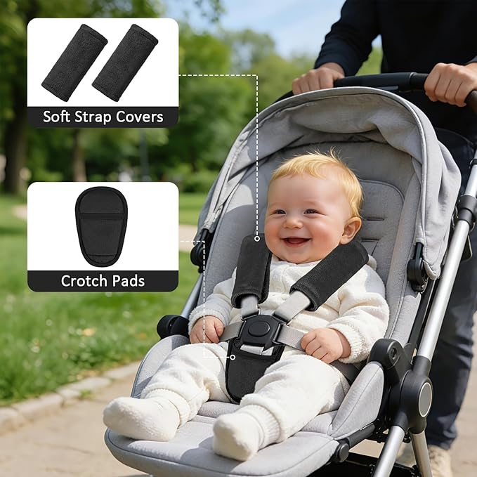 SWESEN Baby Car Seat Strap Covers, 3 Piece Soft Car Seat Strap Shoulder Pads for Baby Girls Boys, Double-Sided Use carseat Straps Covers for Stroller, Car Seats, Pushchair, Black