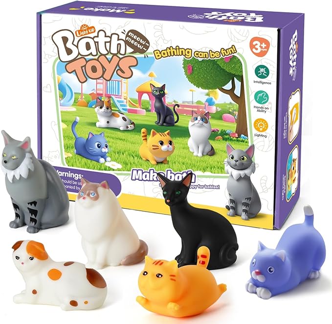 VIBOYLAR Bath Toys for Kids 1-3, 6 PCS Light-Up Cat Bath Toy Set, Baby Toddler Bath Toys, Bathtub Pool Bath Toy for Kids, Christmas Birthday Gifts for Boys & Girls Ages 1 2 3+ Years Old