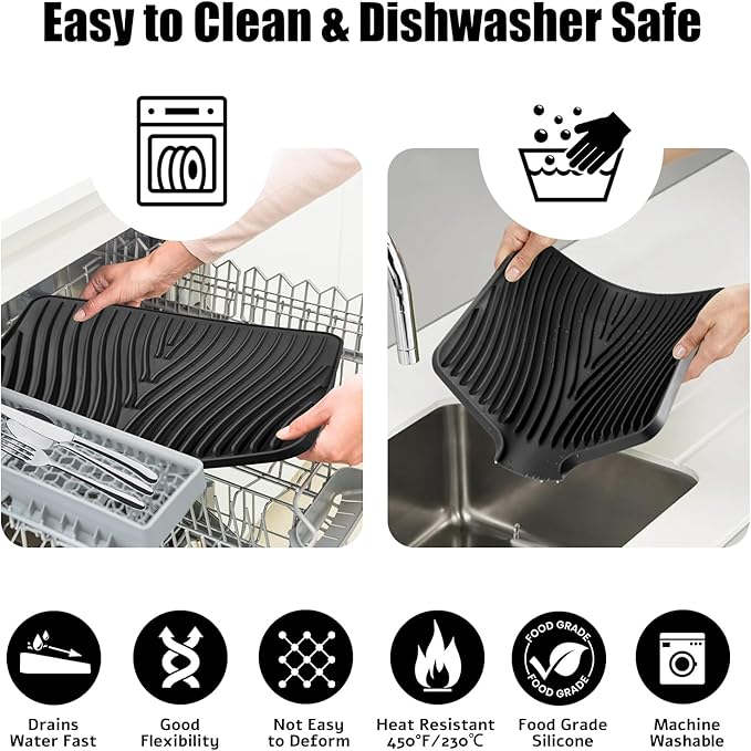Dish Drying Mat, Stone Drying Mat for Kitchen Counter with Built-in Drain, Non-Slip Drying Matt Kitchen Counter, Heat Resistant Silicone Drying Mat, Dish Drying Pad, 2 Pcs (Black 20" x 15")