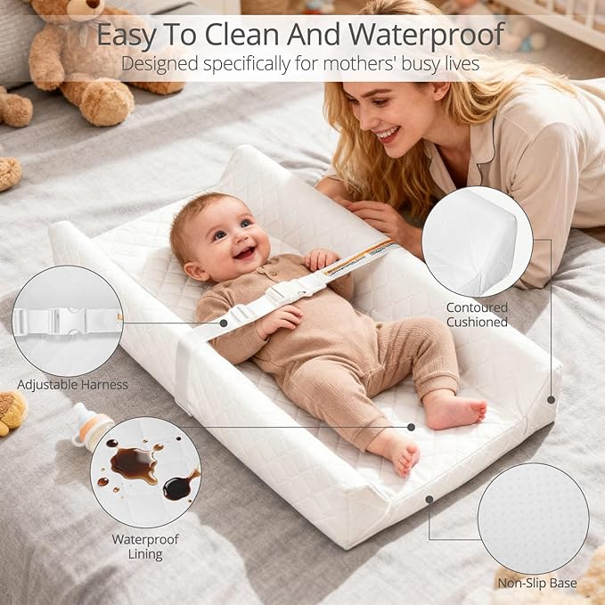 Waterproof Baby Changing Pad, Non-Slip Wipeable Diaper Changing Mat with Safety Strap 32x16 Inch Infant Diaper Change Pad Suitable for Dresser & Table