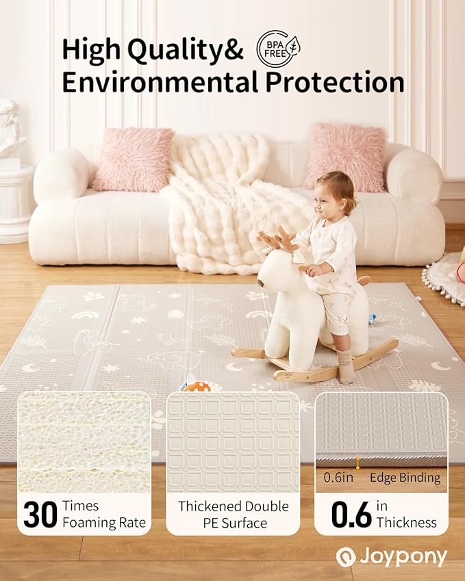 Baby Play Mat, 79" X 71" X 0.6" Extra Large & Thick Reversible Foldable Play Mats for Babies and Toddlers, Anti-Slip Portable Foam Floor Mat for Tummy Time with Travel Bag