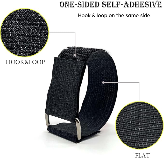 Wide 2" ×16 Ft Long Hook and Loop Cable Straps with 12 Heavy Metal Buckles, Adjustable Nylon Tie Down Straps,Free Cut Length and Width, Reusable, Black