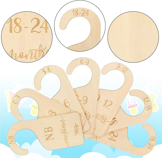 Whaline Wooden Baby Closet Size Dividers Set of 7 Wardrobe Hanger Organizer from Newborn to 24 Month Nursery Decor Dividers with Blue Velvet Bag Design for Home Nursery Infant Baby Clothes