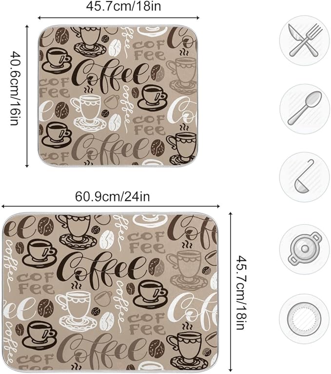Brown Coffee Dish Drying Mat - 18 x 24 Inch, High Absorbent Reversible Microfiber Coffee Bean Dish Rack Pad