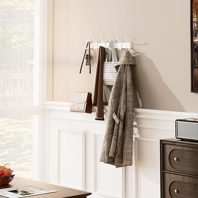 White Wall Mounted Coat Rack - 15 Inch Arc Shaped Design with 6 Hooks for Hanging Coats, Bags, and Towels in Entryway, Livingroom, Bedroom, Bathroom, and Kitchen, 2 Pack