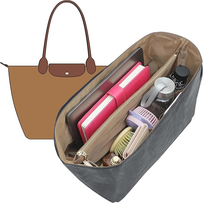Doxo Long Champ Organizer Insert, Bag Organizer Insert for le pliage Medium, G.oyard PM, Speedy 30, Neverfull MM and More, Light Waterproof DupontPaper Purse Organizer, 6 Pockets(Black&Brown, M)