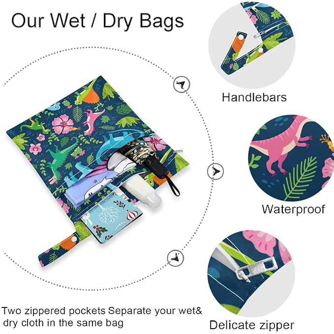visesunny Dinosaur Tropical Leaf Flower 2Pcs Wet Bag with Zippered Pockets Reusable Roomy Diaper Bag for Travel,Beach,Pool,Daycare,Stroller,Diapers,Dirty Gym Clothes, Wet Swimsuits, Toiletries