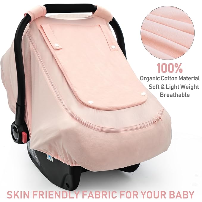 Baby Car Seat Cover for Summer/Spring,100% Organic Cotton Carseat Cover for Babies,Infant Car Seat Cover Canopy for Boys& Girls, Lightweight & Breathable (Pink)