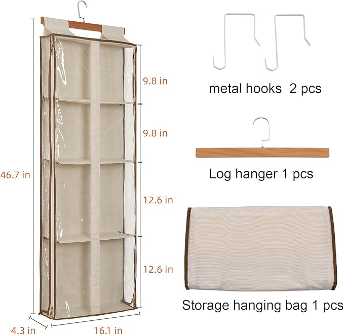 JINOKADI Clear Hanging Handbag Storage Organizer with Zippers, Easy Access Purse,Toy,Yarn,Hat Storage Over The Door Purse Organizer Space Saving 4 Pockets for Closet Bedroom Living Room (Beige)