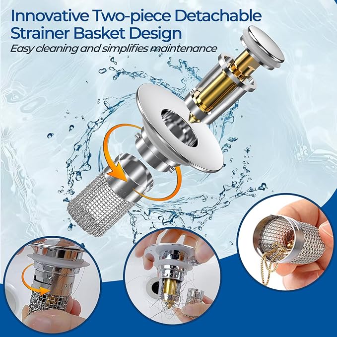 Sink Stopper Hair Catcher,(2PCS) Pop-up Sink Drain Strainer with Removable Stainless Steel Strainer Basket Hair Catcher, Bathroom Sink Strainer for Bathroom Sink Stopper Replacement