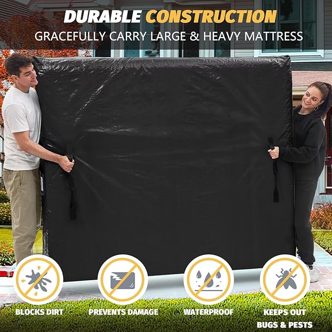 Mattress Bags for Moving and Storage, BETU Waterproof Mattress Protector Mattress Cover California King with 8 Heavy Duty Handles & Zipper Extra Thick Moving Supplies for Bed (86x75x13.5 Black)