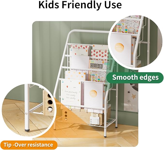 JAQ Kids Bookshelf, 4-Tier Metal Sling Kid Display Bookshelves Bookcase with Toy Storage in Baby Library Room Classroom Playroom for Toddlers Nursery Children (4-tier/28.35inch, White)