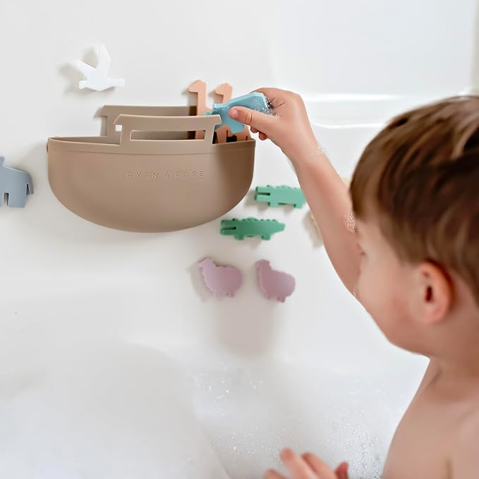Noah's Ark Suction Toys - 1 Ark, 14 Animals (7 Pairs) - Toddler Bath Toys, Baptism Gifts for Boys, Mold Free No Hole Silicone