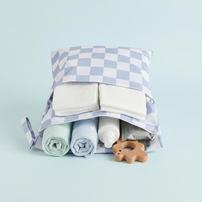 Ohocut Blue Checkered Waterproof Wet Dy Diaper Bag for Baby Essentials, Travel, Swimsuit, Beach Bag Accessories, Aesthetic Trendy Cute Toddler Baby Bag Pouch, Pack of 2