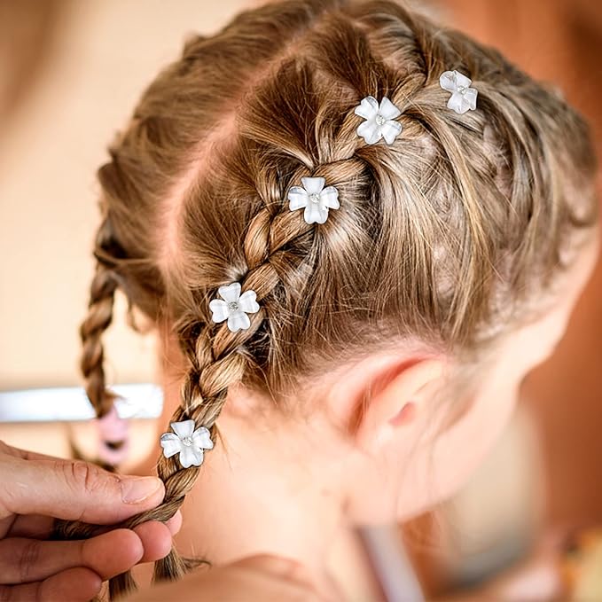 YISSION 20Pcs Mini White Flower Hair Clips with Rhinestone Cute Hair Pins Decorative Hair Clips Wedding Hair Barrettes Bridal Hair Accessories for Girls Women