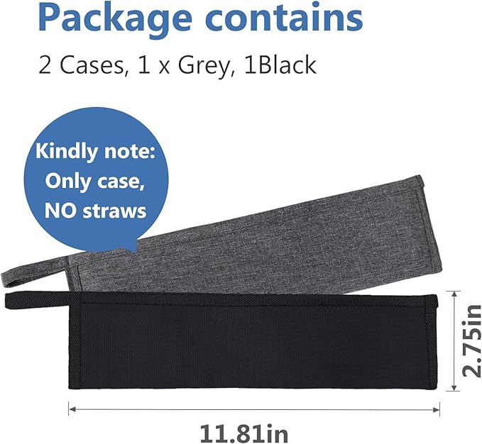 Aosbos Reusable Straws Pouch Carrying Case for Metal, Silicone, Paper, Plastic, Tumbler Straws, Stainless Steel Chopstick, (2-PACK, 11.8 IN, Grey) Black & Grey