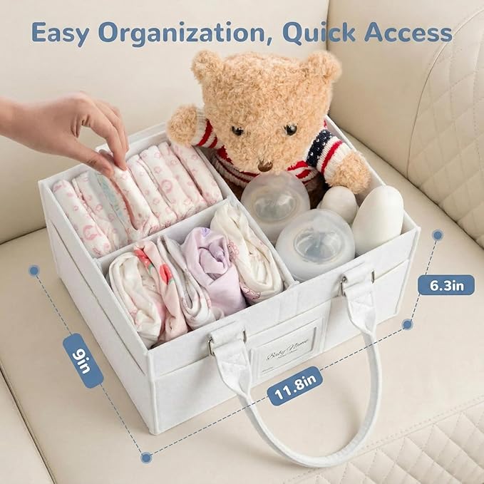 Diaper Caddy Organizer, Newborn Essetials Must Haves, Baby Registry Search and Other Baby Stuff, Collapsible Baby Basket with Handle and a Photo Frame, White, 11.8 x 6.3 x 9.0 inch