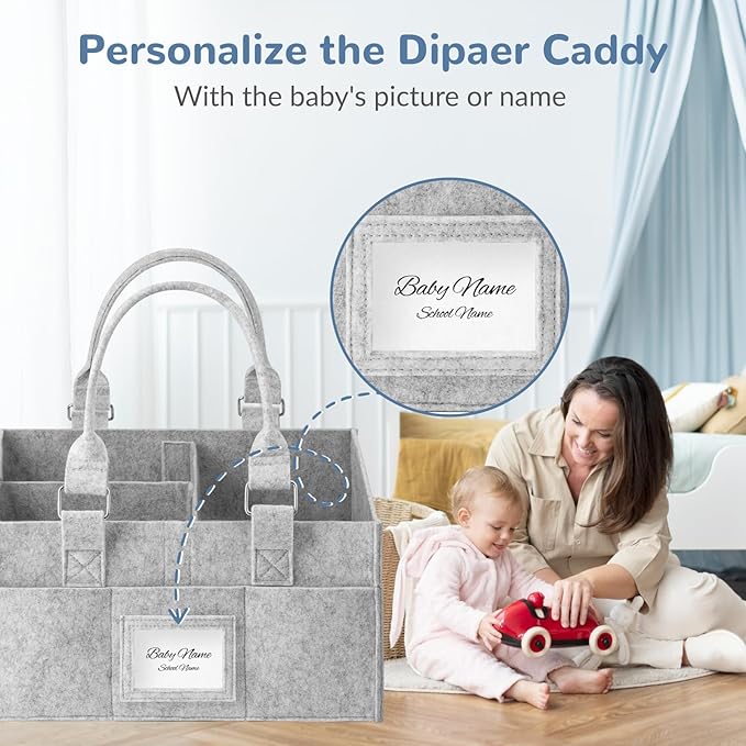 Diaper Caddy Organizer, Newborn Essetials Must Haves, Baby Registry Search and Other Baby Stuff, Collapsible Baby Basket with Handle and a Photo Frame, Grey, 11.8 x 6.3 x 9.0 inch