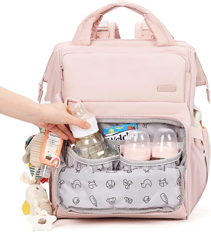 BELALIFE Baby Diaper Backpack Bag, Baby Essentials Travel Backpack for Moms Dads, with Changing Pad, Insulated Bottle Holders & Stroller Straps, Pink