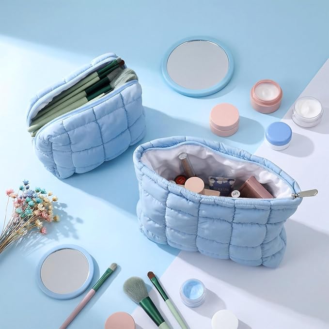 2 Pcs Puffy Makeup Bag Quilted Cosmetic Pouch for Women Cute Checkered Travel Toiletry Bag Puffer Makeup Organizer Purse Pouch Preppy Pencil Case with Zipper(Blue)