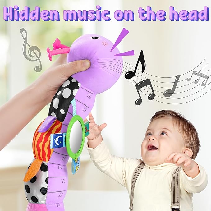 LIGHTDESIRE Baby Toys 6-12 Months Musical Caterpillar,Infant Toys Stuffed Animals with Ruler Design Mirror,Pull String,Crinkle&Rattles,Teething Toys for Tummy Time, Boy Girl Gifts 0-12 Months(Purple)
