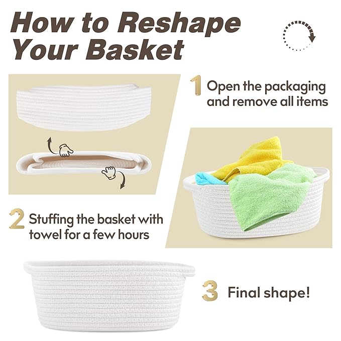 Pro Goleem Small Woven Basket with Gift Bags and Ribbons Durable Baskets for Graduation Gifts Empty Small Rope Basket for Storage 12"X 8" X 5" Baby Toy Baskets with Handles, White