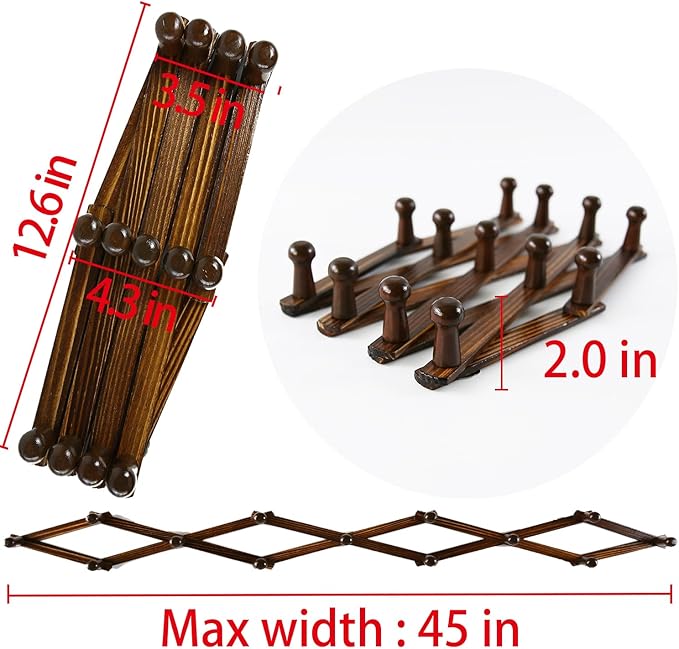 AMAPON Accordion Style Expandable Wall Wooden Coat Rack 13 Hooks (Pegs) Hang Hats Jackets Coffee Mug Purses Necklaces Towels Cap Leash Scarves Data Line Kitchenware (Walnut 2 Packs)