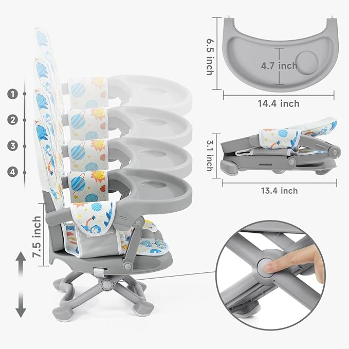 YOLEO Baby High Chair Booster Seat for Dining Table, Foldable High Chairs with Adjustable Heights, Travel Booster Seat with Removable Tray