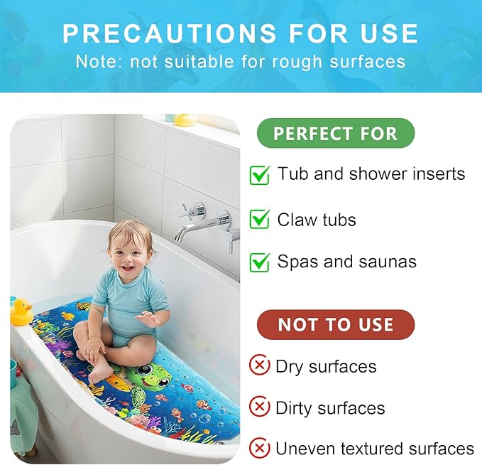 Upgrade Cartoon Baby Bath Mat Non Slip - 40"x16" Extra Long Bathtub Mat for Baby Eco Friendly Durable Bath Mat for Tub Non Slip Kids Tub Mat with Suction Cups, Machine Washable and No Fading, Turtle