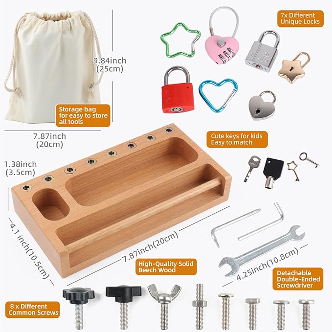 TOUHKAN Montessori Busy Board Kids Tool Set, Montessori Screwdriver Board Lock and Key Toy, Sensory Toys for Kids with Autism, Sensory Bin Fine Motor STEM Quiet Fidget Toys for Toddlers 3 4 5