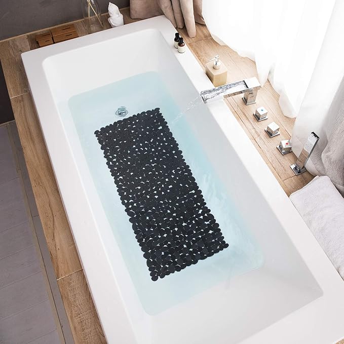 Bath Tub and Shower Mats, Non-Slip Pebble 35 x 16 Inches Machine Washable Bathtub Mat with Drain Holes, Suction Cups for Bathroom (Black)
