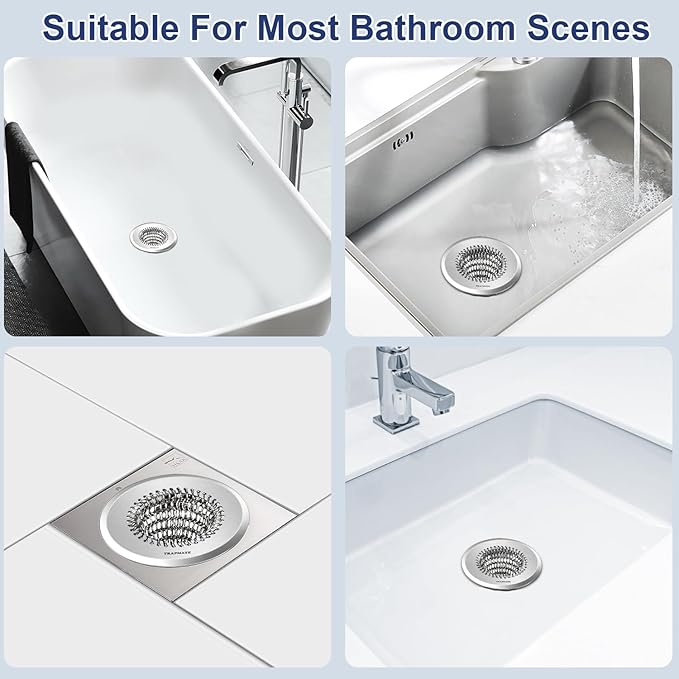 TRAPMATE Tub Stopper, Reversible Bathtub Drain Hair Catcher & Stopper, Ultra Revolutionary Bath Tub Drain Protector, Stainless Steel Hair Catcher & Silicone Stopper, 4.4" Drain Cover for Shower, Bath
