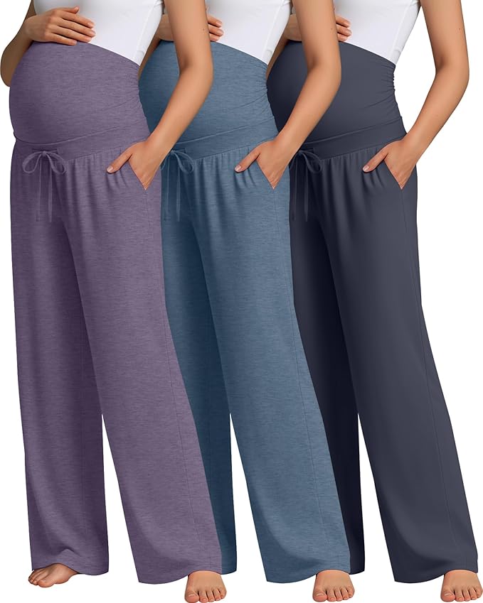 3 Pcs Maternity Sweatpants Over The Belly Pregnancy Straight Wide Leg Elastic Drawstring Pants Joggers with Pockets