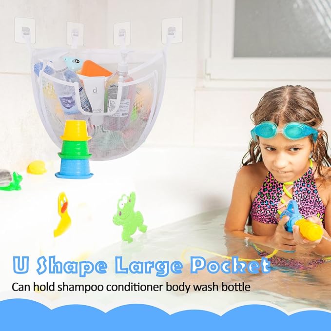Bath Toy Storage, Large Capacity Bath Toy Holder with Bottom Zipper, Quick Release Bathtub Toy Storage with Large Pocket, Corner Mesh Bath Toy Organizer Basket Bin for Bathroom Toys - White