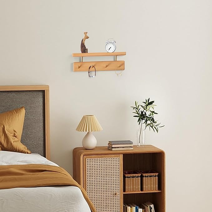 Mayhas Solid Wood Shelf with Hooks, 12 inch Coat Rack Wall Mount, Shelves with 4 Brass Hooks for Hanging in Entryway, Living Room, Bathroom, Bedroom, Kitchen(Beechwood)