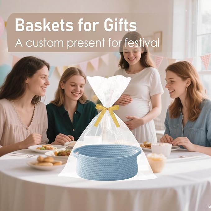 JMvicyroam Woven Basket,Small Rope Storage Bin with Handles & Ribbon Bag, Organizer for Shelves Closets,Gift Basket Empty for Birthday,Books,Dog Toys, Blue/2 Pack