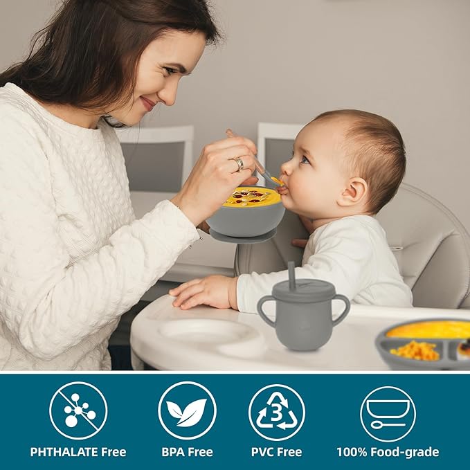 Dormlony 100% Silicone baby feeding set,BPA free Baby dishes set with Suction Bowl Divided Plate,Toddler Self Feeding Dish Set with Spoons Forks Sippy Cup And Bib, Baby Eating Utensils (Light Brown)