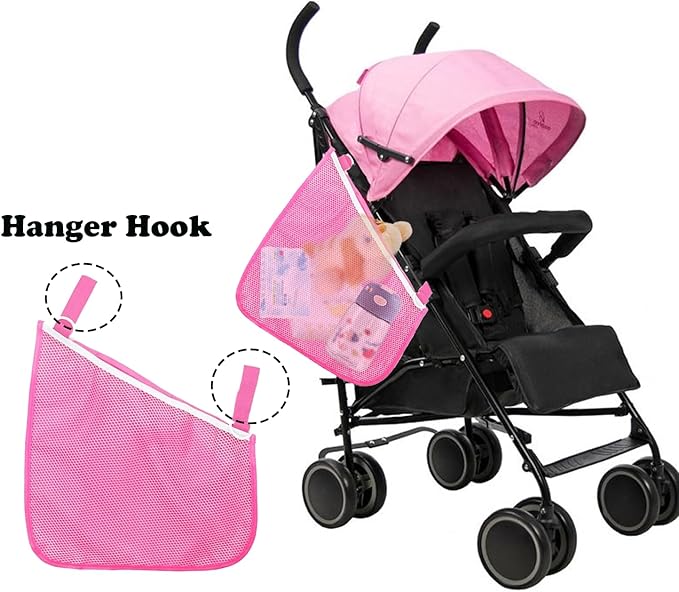 Alovexiong 2 Pack Universal Stroller Organizer Bag, Side Sling Cargo Stroller Net, Non-Slip and Adjustable Straps Storage Mesh Bag for Baby Accessories, Mesh Cargo Net for Stroller Storage - Pink