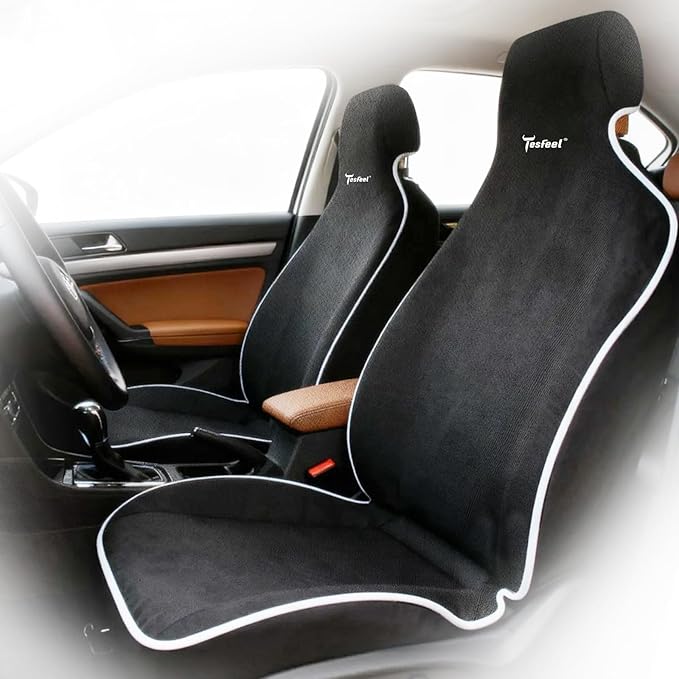 TESFEEL Car Seat Cover Towel, Waterproof Terry Cloth Car Seat Cover Universal Fit for Cars, SUVs, Pickups, Washable Car Seat Protector Brand Customized(Black,2pcs)
