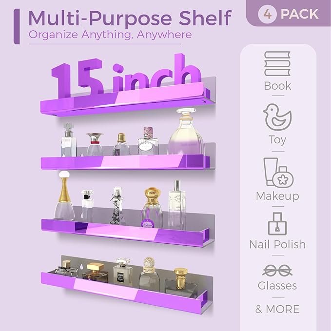 RORKIM 4 Pack 15 Inch Purple Reflective Acrylic Shelves, Purple Floating Shelves, Modern Sunglasses Essential Oil Picture Ledge Display Toy Storage Shelf