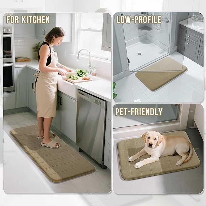 Yimobra Memory Foam Bath Mat, Super Soft Absorbent Bathroom Rug Non Slip 31.5x20 Inch, Quick Dry, Machine Washable Floor Carpet for Tub Shower, Home Decor Accessories, Pale Khaki