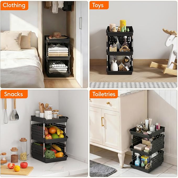 Lifewit Plastic Stackable Storage Baskets, 3 Tier Stacking Bins for Food and Clothes, Multifunctional Organizer for RV, Kitchen, Playroom, Pantry, Black, 35 x 30 x 50 cm/14 x 12 x 20 inch, 2 Pack