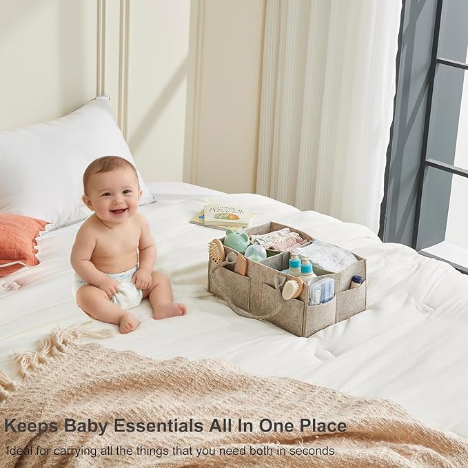 Upgraded Baby Diaper Caddy Organizer, Portable Nursery Storage Bin with Handle, Side Pockets Car Organizer for Diapers and Baby Wipes Essentials, Registry Gift Baskets (1Pcs-Large-Oatmeal)