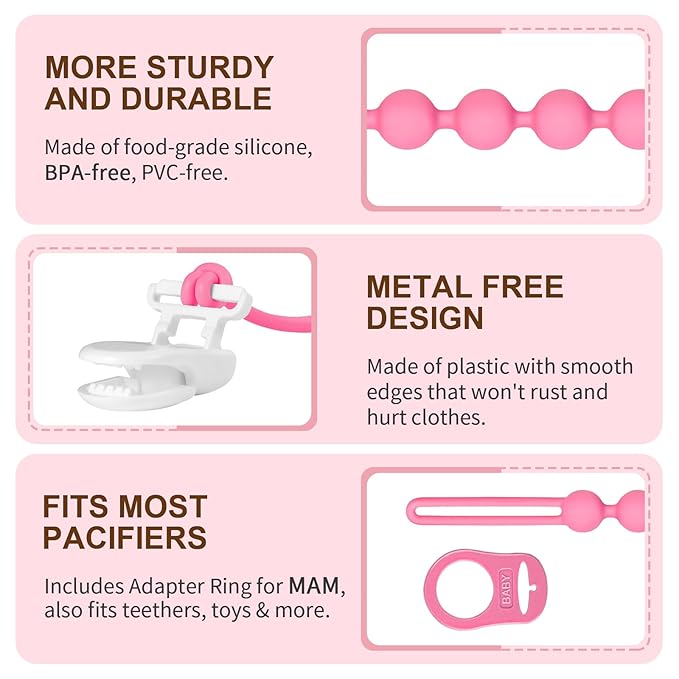 4-Pack Silicone Pacifier Clip with Adapter Ring Fits MAM Dummy, Soft Flexible Binky Holder for Button-Style Maam Dummies, Anti-Loss Paci Clips for Baby Girls, Xmas Gifts Baby Shower Essentials