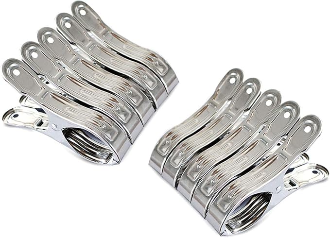 FOMMEN Outdoor Heavy Duty clothespins 10 Pack Large Stainless Steel Quilt Clips,Beach Towel Clips,Curtain Clamps,Rubber Tipped Metal Clothes